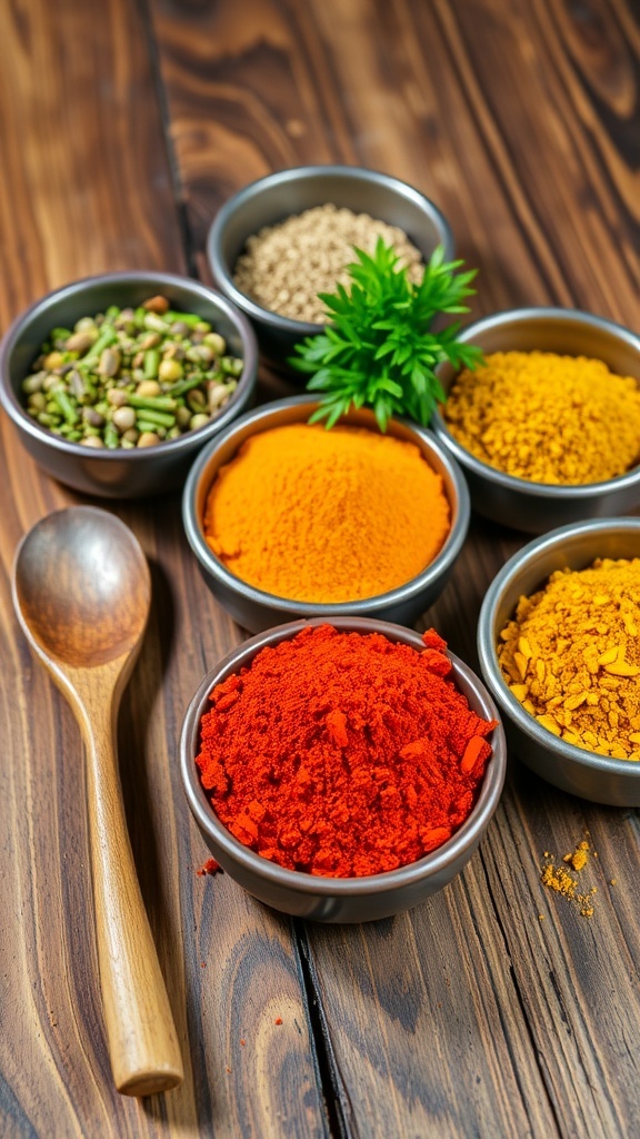 An array of spices in bowls on a wooden table, showcasing paprika, herbs, and turmeric.